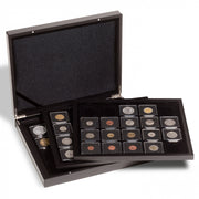 Mahogany Wood Presentation Cases To Display Up to 60 Coins in 2x2" or Quadrum Holders - VOLTERRA TRIO de Luxe, Black Matte finish, with 3 wood-framed trays image