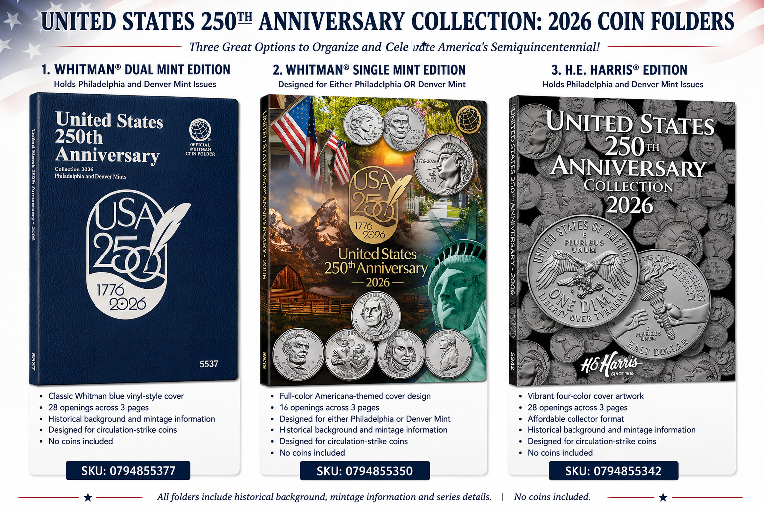 Coin Folders -- US 250th Anniversary Collection 2026; 3 styles — Coin ...