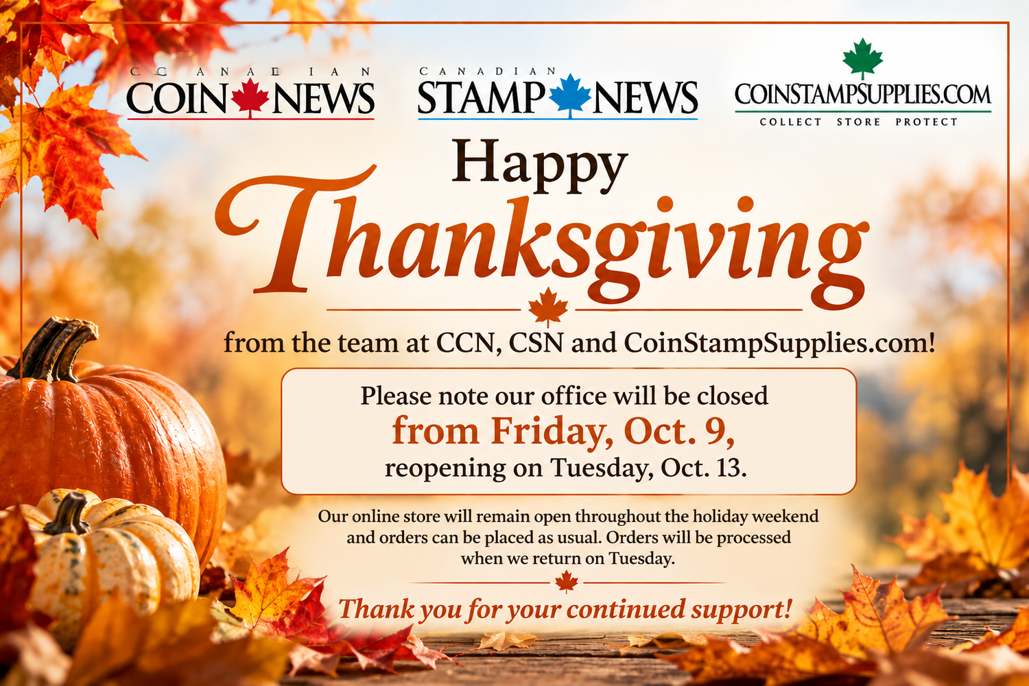 Happy Thanksgiving from CoinStampSupplies.com! 🍁