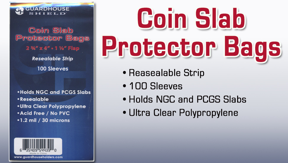 RESEALABLE ACID FREE/NO PVC 100 COUNT GUARDHOUSE COIN SLAB PROTECTOR BAGS 